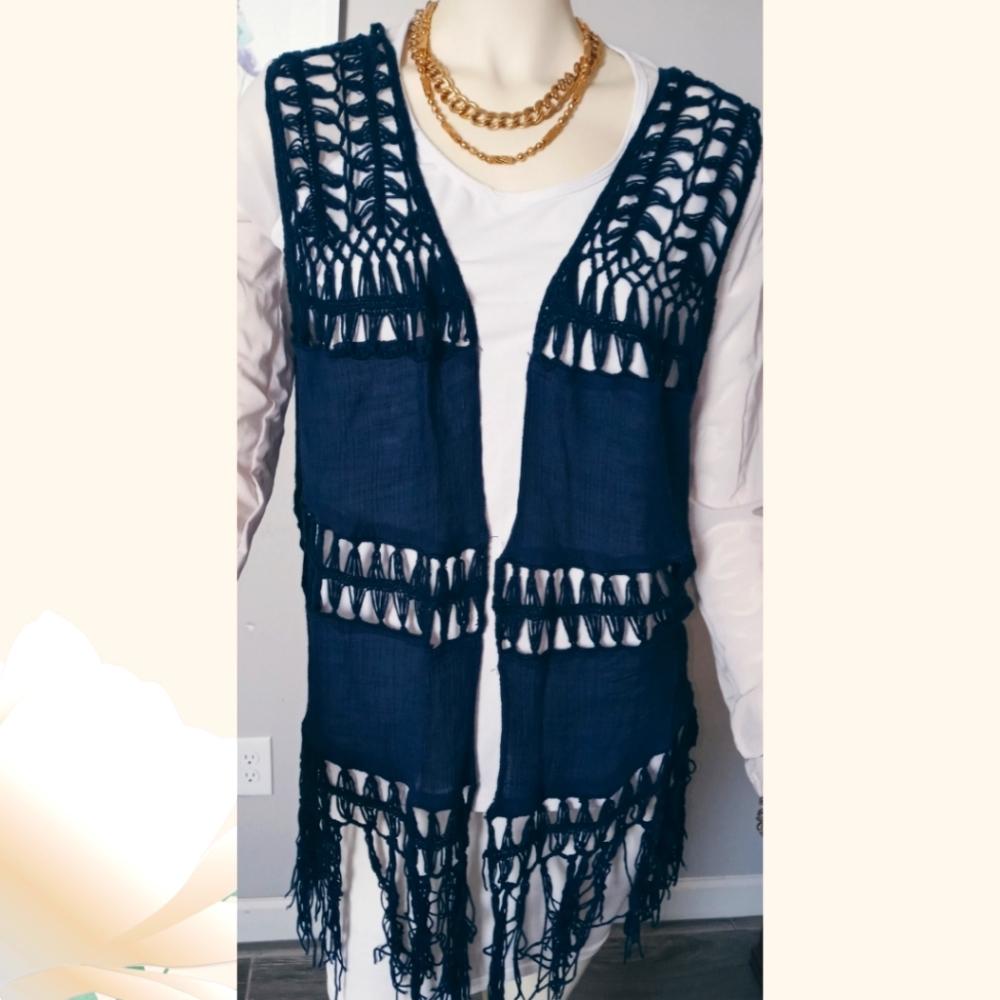 rue 21 Crochet Vest Chaleco Hippie New One size Depp blue.